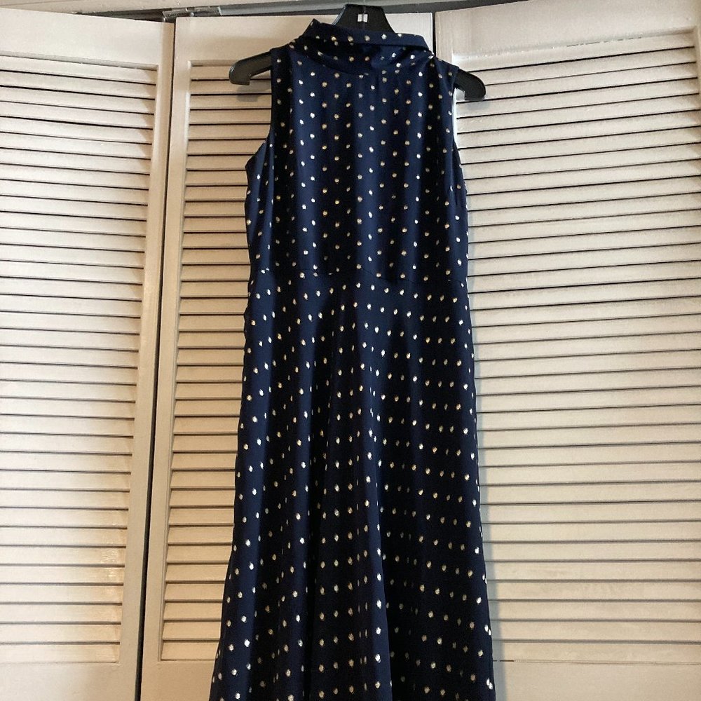 Blue Navy Silver Dotted Dress with Tie Neck